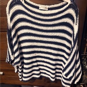 Anthropologie Navy and Cream Striped Poncho Sweater